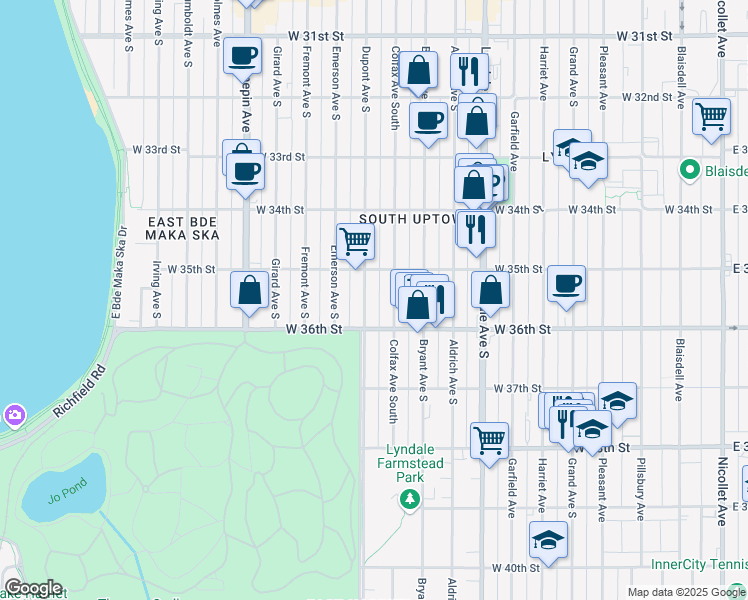 map of restaurants, bars, coffee shops, grocery stores, and more near 3534 Colfax Avenue South in Minneapolis