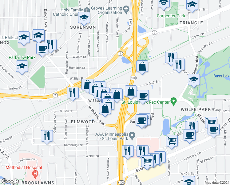 map of restaurants, bars, coffee shops, grocery stores, and more near 5690 West 36th Street in St. Louis Park