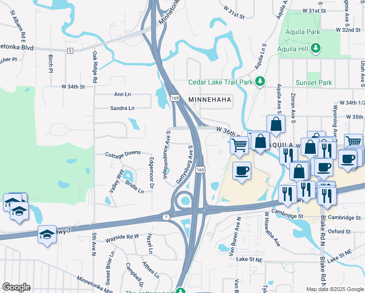 map of restaurants, bars, coffee shops, grocery stores, and more near 33 Gettysburg Avenue South in St. Louis Park