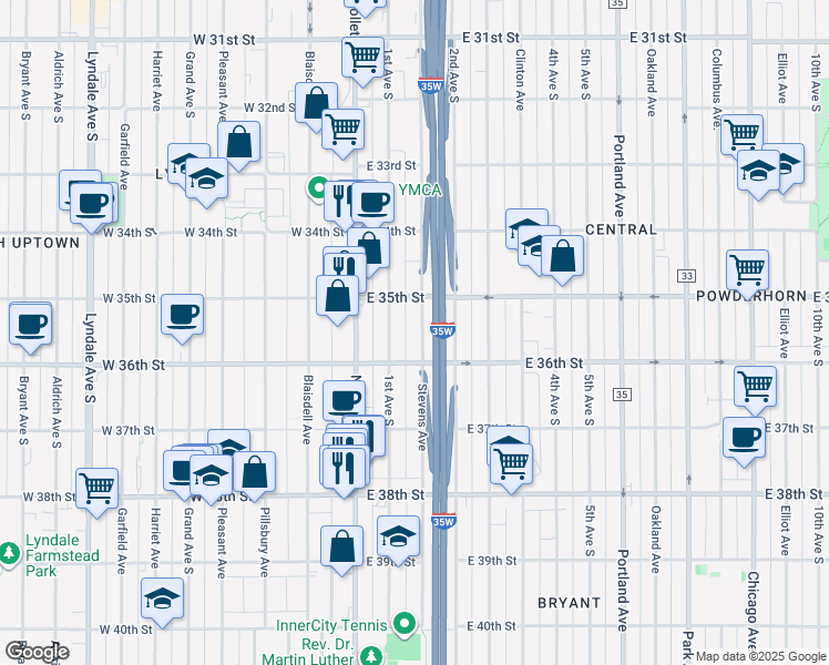 map of restaurants, bars, coffee shops, grocery stores, and more near 3528 Stevens Avenue in Minneapolis
