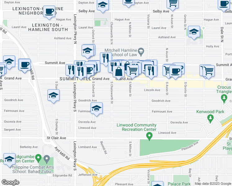 map of restaurants, bars, coffee shops, grocery stores, and more near 968 Lincoln Avenue in Saint Paul