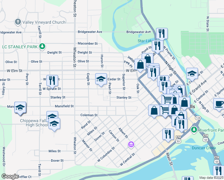 map of restaurants, bars, coffee shops, grocery stores, and more near 821 Pearl Street in Chippewa Falls
