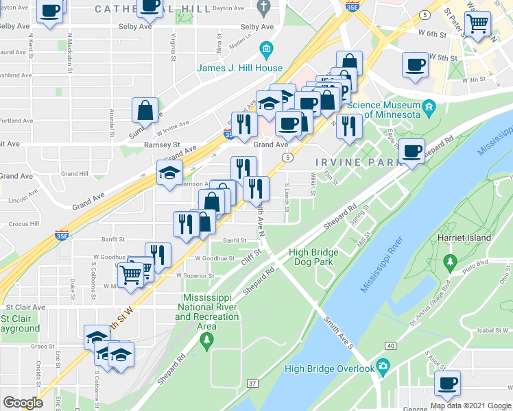 map of restaurants, bars, coffee shops, grocery stores, and more near 433 Smith Avenue North in Saint Paul