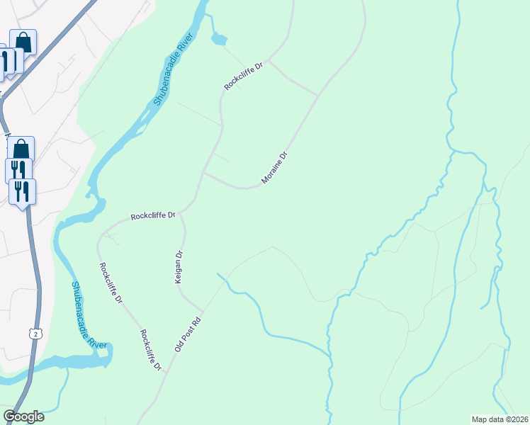 map of restaurants, bars, coffee shops, grocery stores, and more near 35 Moraine Drive in Oldham