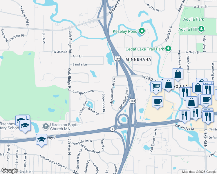 map of restaurants, bars, coffee shops, grocery stores, and more near 3640 Independence Avenue South in St. Louis Park