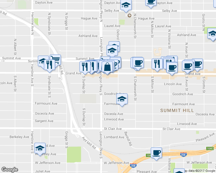 map of restaurants, bars, coffee shops, grocery stores, and more near 1076 Lincoln Avenue in Saint Paul