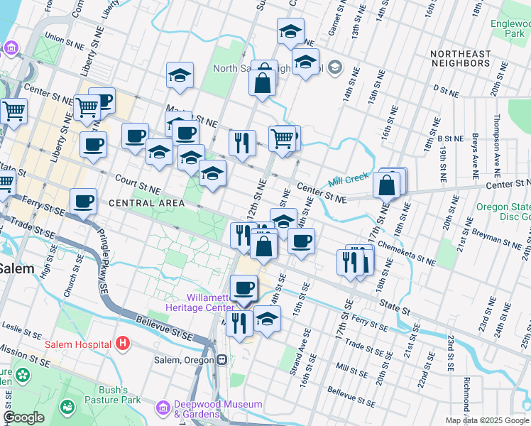map of restaurants, bars, coffee shops, grocery stores, and more near 1240 Chemeketa Street Northeast in Salem