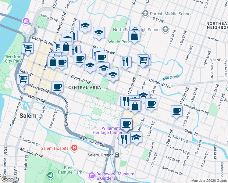 map of restaurants, bars, coffee shops, grocery stores, and more near 950 Court Street Northeast in Salem