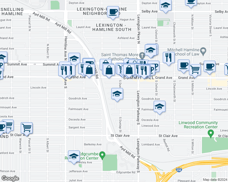 map of restaurants, bars, coffee shops, grocery stores, and more near 1180 Lincoln Avenue in Saint Paul