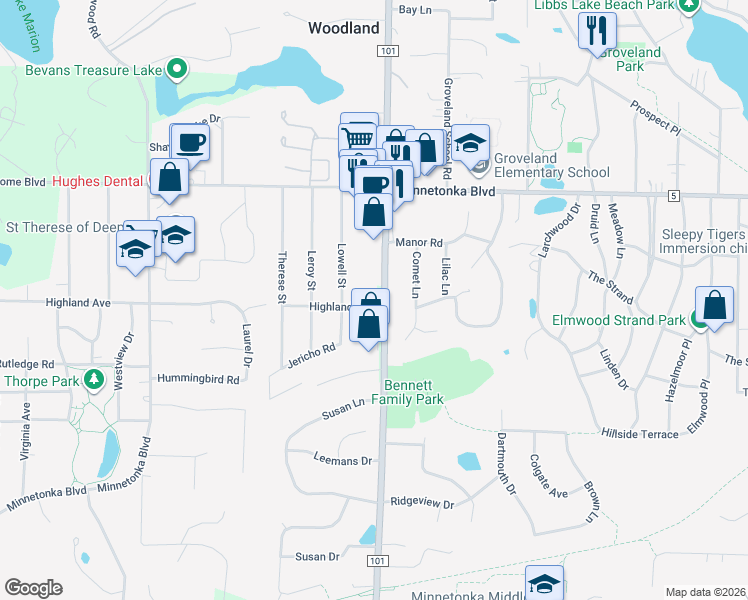 map of restaurants, bars, coffee shops, grocery stores, and more near 3566 County Road 101 in Wayzata