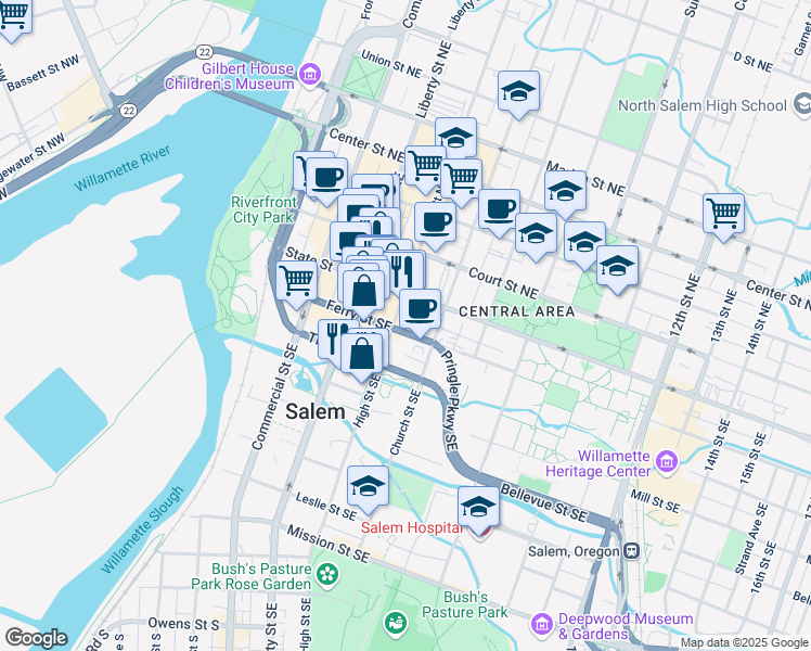 map of restaurants, bars, coffee shops, grocery stores, and more near 500-554 Ferry St SE in Salem