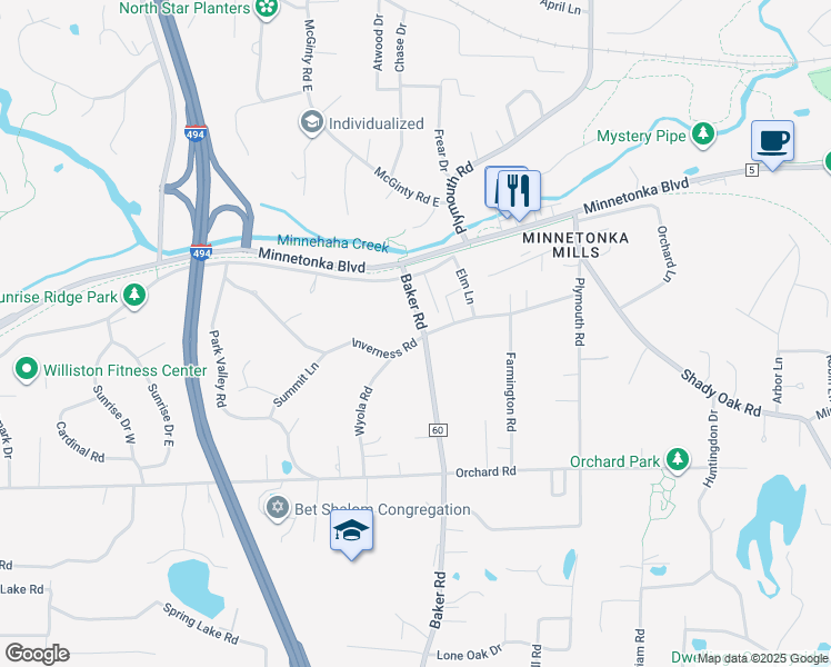 map of restaurants, bars, coffee shops, grocery stores, and more near 3526 Baker Road in Hopkins