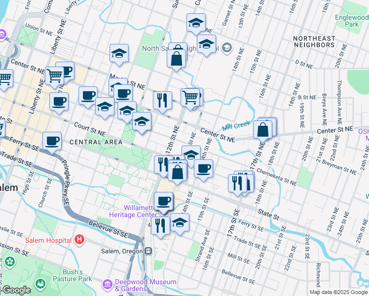 map of restaurants, bars, coffee shops, grocery stores, and more near 1240 Chemeketa Street Northeast in Salem