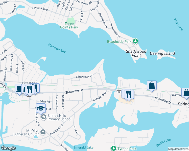 map of restaurants, bars, coffee shops, grocery stores, and more near 4891 Edgewater Drive in Mound