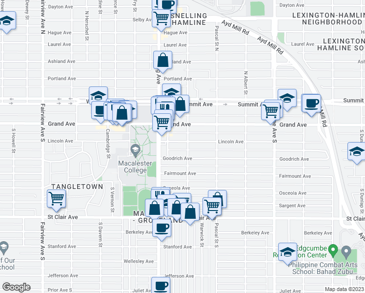 map of restaurants, bars, coffee shops, grocery stores, and more near 1528 Lincoln Avenue in Saint Paul