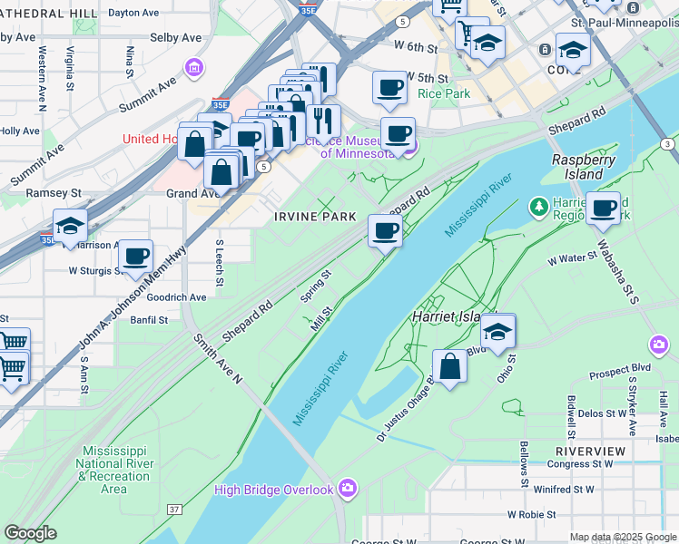 map of restaurants, bars, coffee shops, grocery stores, and more near 185 Sherman Street in Saint Paul
