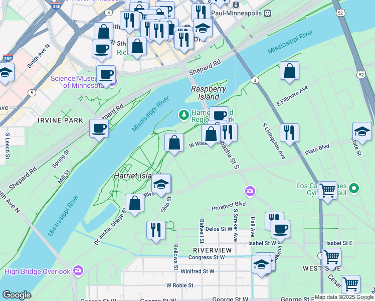 map of restaurants, bars, coffee shops, grocery stores, and more near 84 West Water Street in Saint Paul