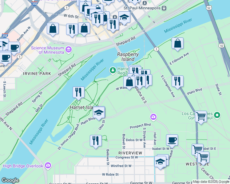 map of restaurants, bars, coffee shops, grocery stores, and more near 84 West Water Street in Saint Paul