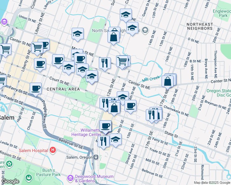map of restaurants, bars, coffee shops, grocery stores, and more near 1230-1248 Chemeketa Street Northeast in Salem