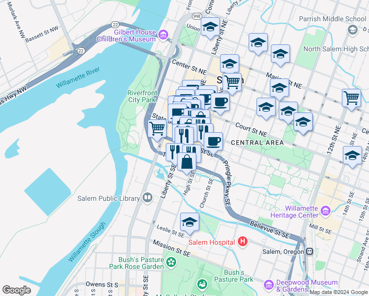 map of restaurants, bars, coffee shops, grocery stores, and more near 250 Liberty St SE in Salem
