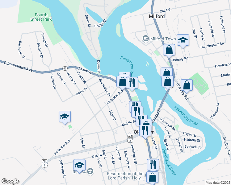 map of restaurants, bars, coffee shops, grocery stores, and more near 14 Stillwater Avenue in Old Town