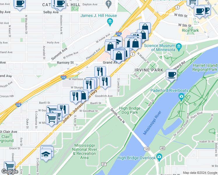 map of restaurants, bars, coffee shops, grocery stores, and more near 433 Smith Avenue North in Saint Paul