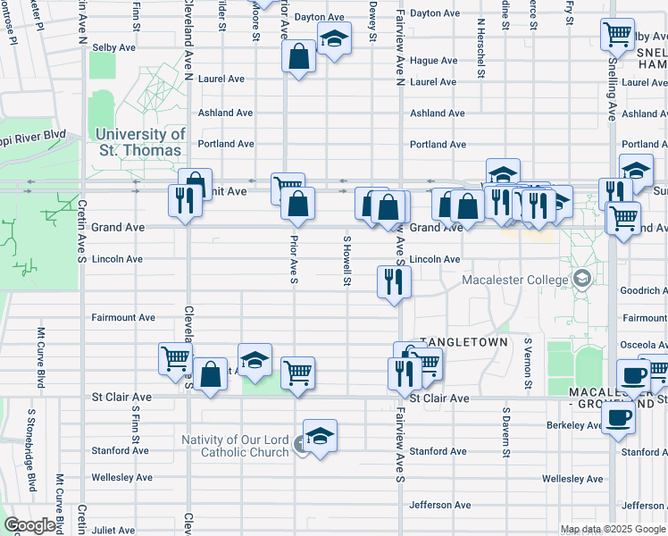 map of restaurants, bars, coffee shops, grocery stores, and more near 1883 South Howell Street in Saint Paul