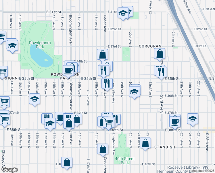 map of restaurants, bars, coffee shops, grocery stores, and more near 3528 Cedar Avenue in Minneapolis