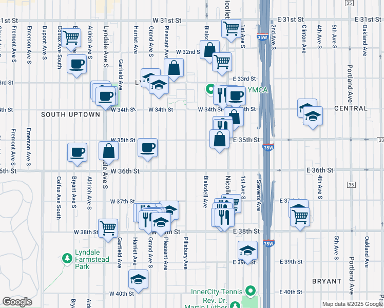map of restaurants, bars, coffee shops, grocery stores, and more near 3534 Blaisdell Avenue in Minneapolis
