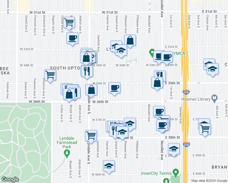 map of restaurants, bars, coffee shops, grocery stores, and more near 3526 Grand Avenue South in Minneapolis