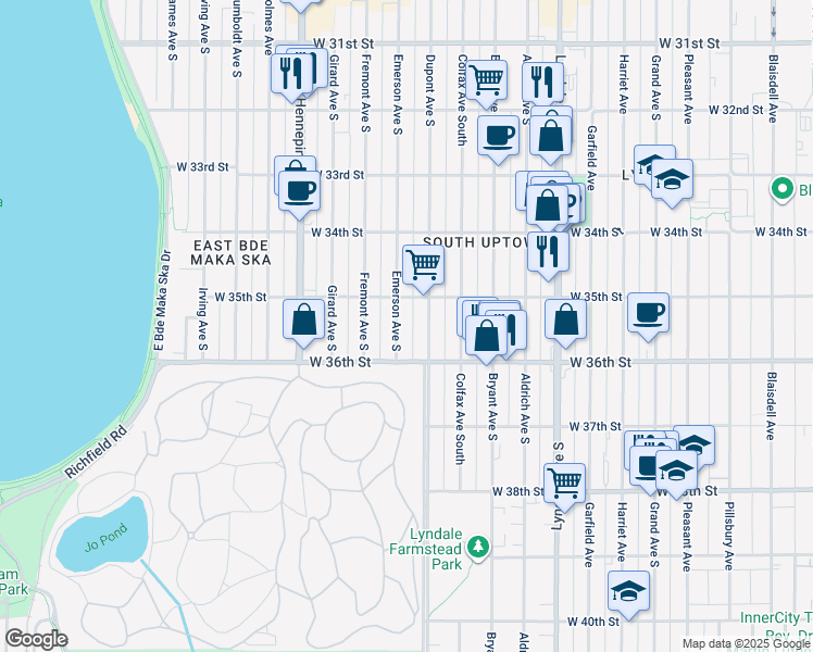 map of restaurants, bars, coffee shops, grocery stores, and more near 3529 Emerson Avenue South in Minneapolis