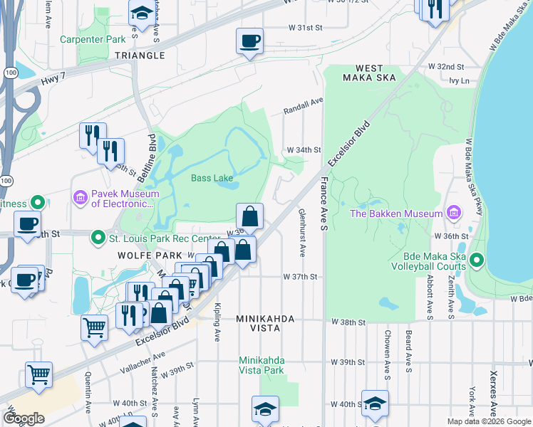 map of restaurants, bars, coffee shops, grocery stores, and more near 4102 West 36th Street in Minneapolis