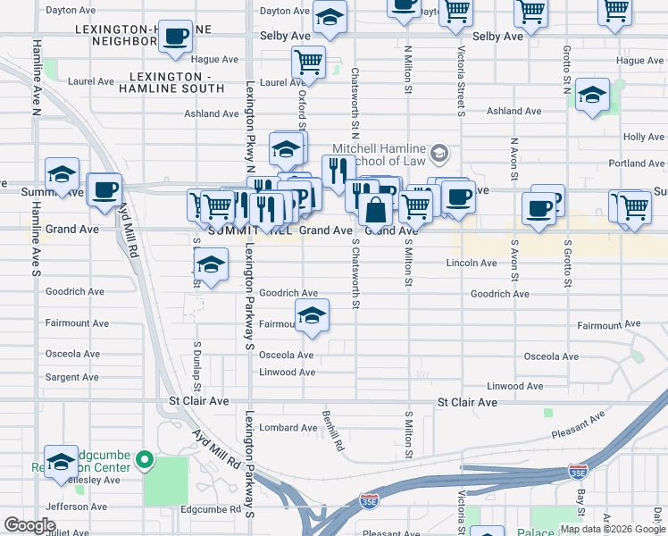 map of restaurants, bars, coffee shops, grocery stores, and more near 1004 Lincoln Avenue in Saint Paul