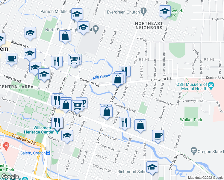 map of restaurants, bars, coffee shops, grocery stores, and more near 1645 Winona Court Northeast in Salem