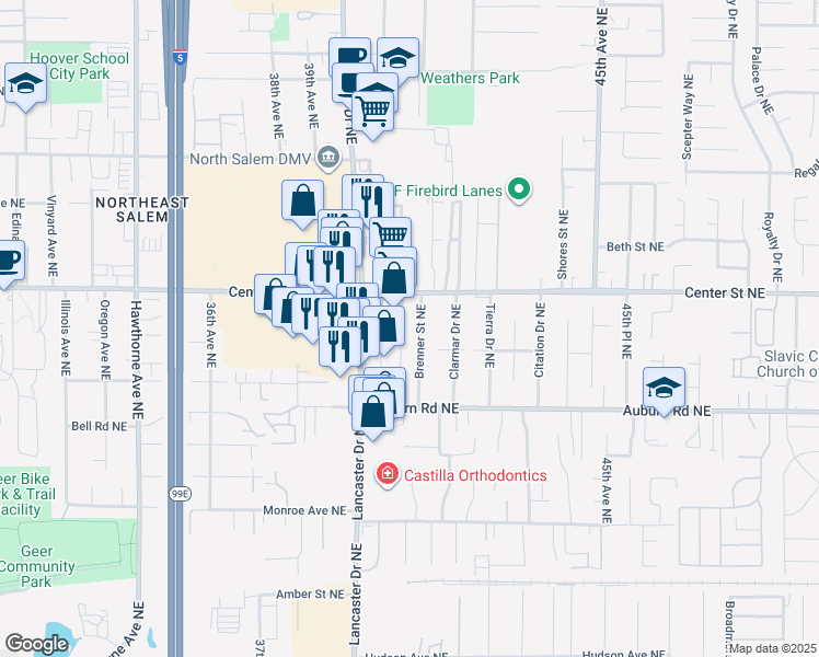 map of restaurants, bars, coffee shops, grocery stores, and more near 622 Brenner Street Northeast in Salem