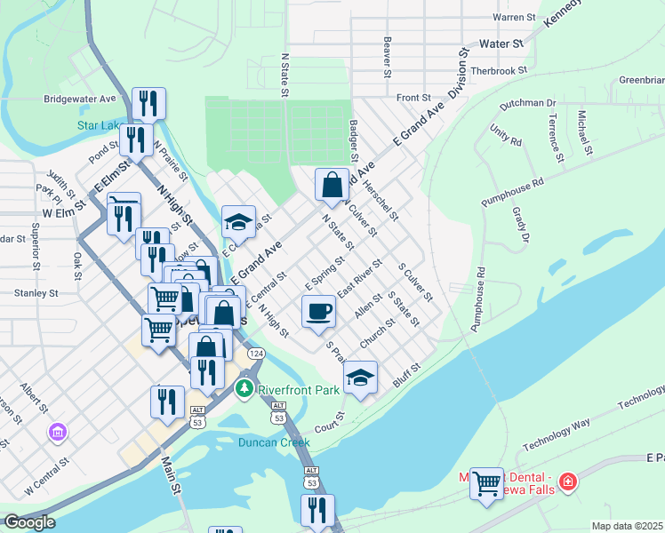 map of restaurants, bars, coffee shops, grocery stores, and more near East Spring Street in Chippewa Falls