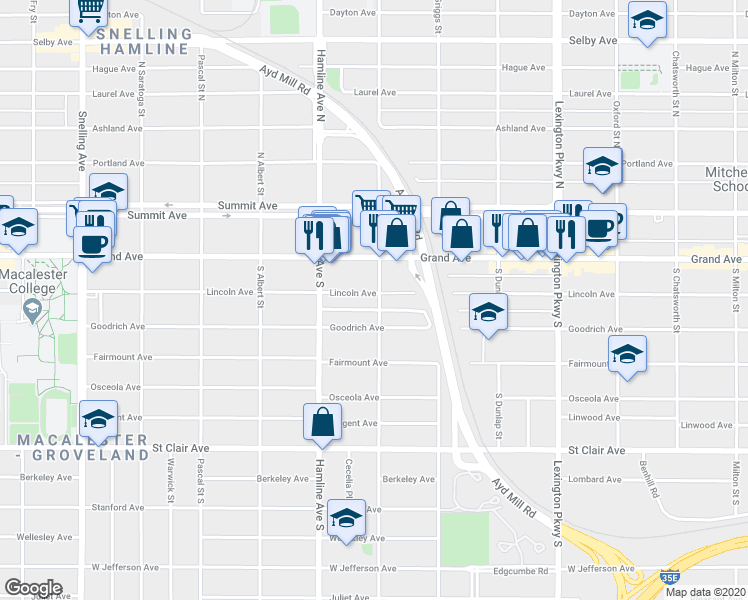 map of restaurants, bars, coffee shops, grocery stores, and more near 1282 Lincoln Avenue in Saint Paul