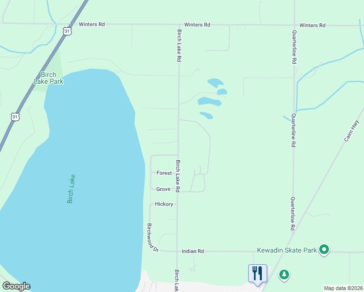 map of restaurants, bars, coffee shops, grocery stores, and more near 6565 Birch Lake Road in Kewadin