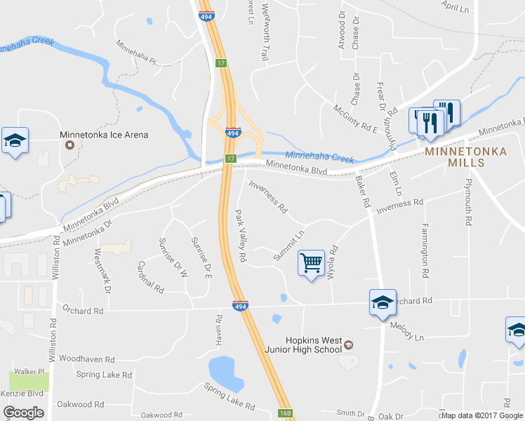 map of restaurants, bars, coffee shops, grocery stores, and more near 13709 Inverness Road in Hopkins