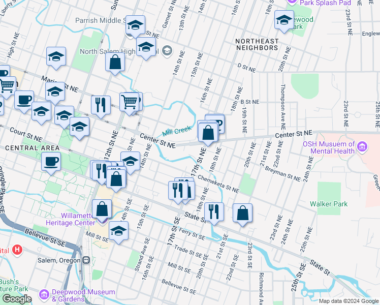 map of restaurants, bars, coffee shops, grocery stores, and more near 1625 Winona Court Northeast in Salem