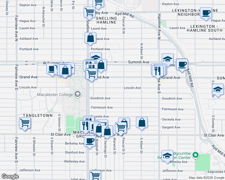 map of restaurants, bars, coffee shops, grocery stores, and more near 1498 Lincoln Avenue in Saint Paul