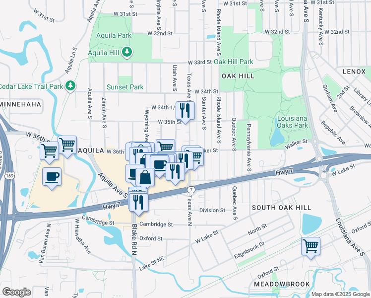 map of restaurants, bars, coffee shops, grocery stores, and more near 3544 Texas Avenue South in Minneapolis