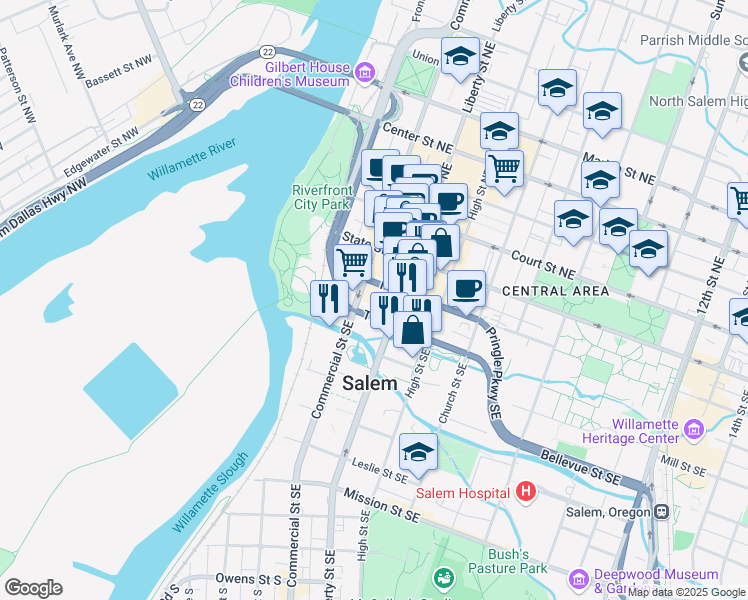 map of restaurants, bars, coffee shops, grocery stores, and more near 200 Commercial Street Southeast in Salem
