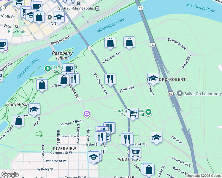 map of restaurants, bars, coffee shops, grocery stores, and more near 193 South Robert Street in Saint Paul