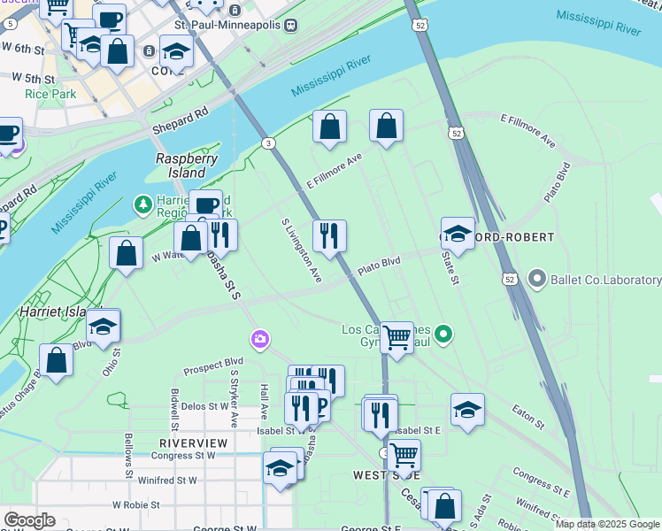 map of restaurants, bars, coffee shops, grocery stores, and more near 193 South Robert Street in Saint Paul