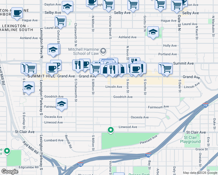 map of restaurants, bars, coffee shops, grocery stores, and more near 85 Victoria Street South in Saint Paul