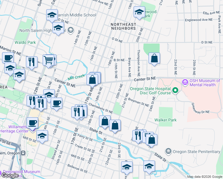 map of restaurants, bars, coffee shops, grocery stores, and more near 1965 Breyman Street Northeast in Salem
