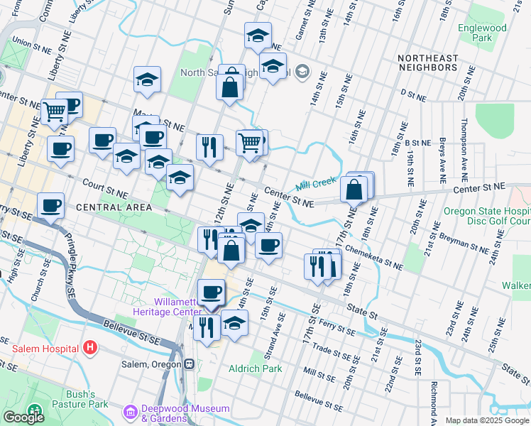 map of restaurants, bars, coffee shops, grocery stores, and more near 1340 Chemeketa Street Northeast in Salem