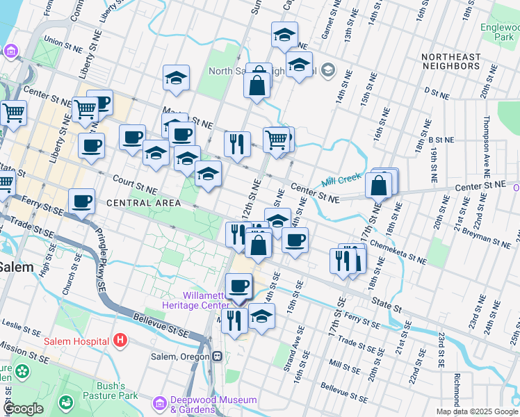 map of restaurants, bars, coffee shops, grocery stores, and more near 1230-1248 Chemeketa Street Northeast in Salem