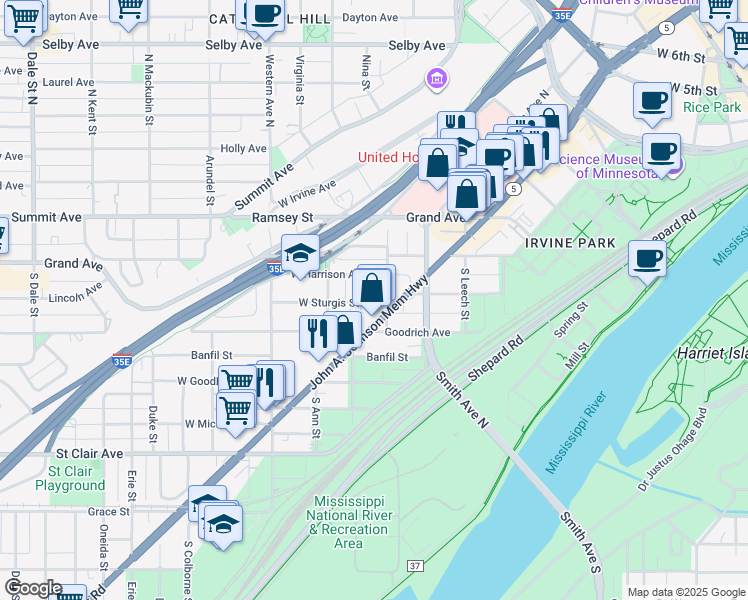 map of restaurants, bars, coffee shops, grocery stores, and more near 449 7th Street West in Saint Paul
